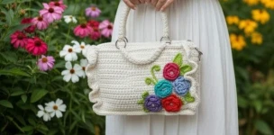 حقيبة يد كروشية أوف وايت مزينة بالزهور